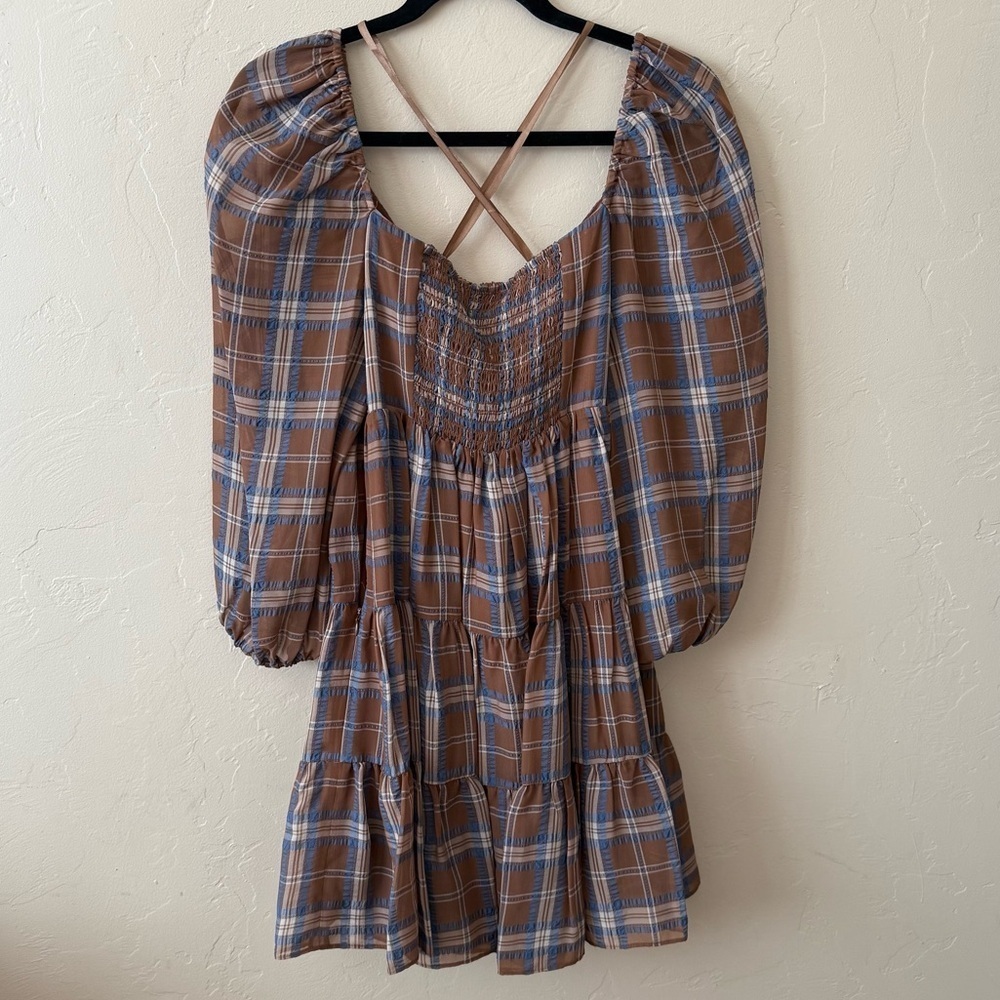 Brown Blue Plaid Babydoll Mini Dress Coquette Gianni Bini NWT S - Picture 5 of 9